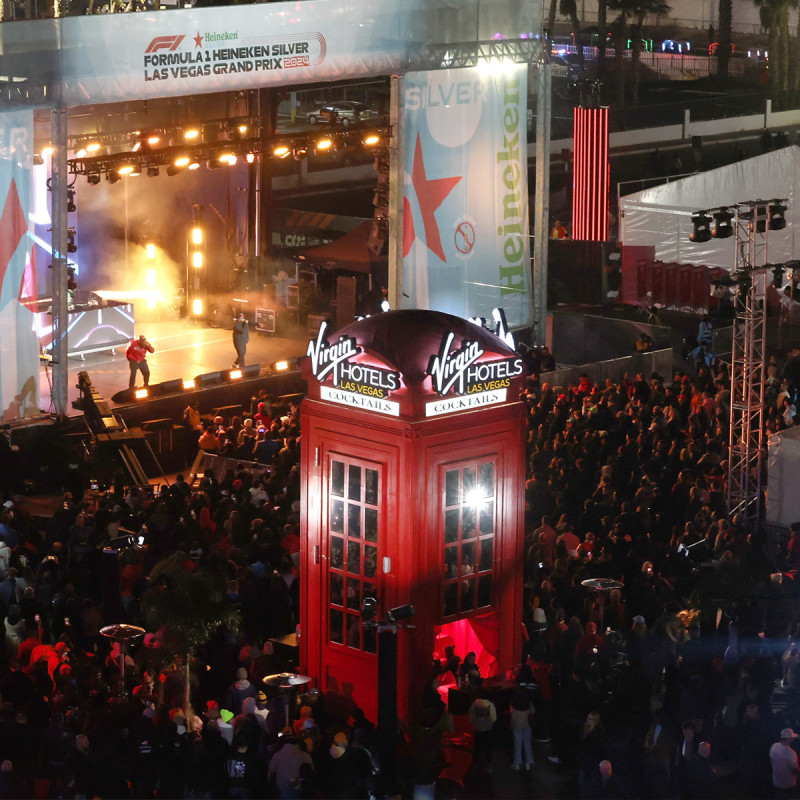 At the F1 Las Vegas Grand Prix, Virgin Hotels brought its signature hospitality footprint into the race-weekend perimeter — a multi-day sponsor pavilion serving Grand Prix attendees across all three race nights. The Production Collective managed the build, the labor, and the daily run-of-show, keeping the activation operational from gates open to the final flag.