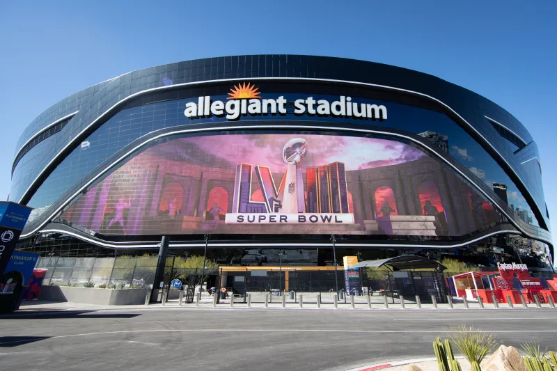 Exterior view of Allegiant Stadium, sports venue, and host to Super Bowl 58.