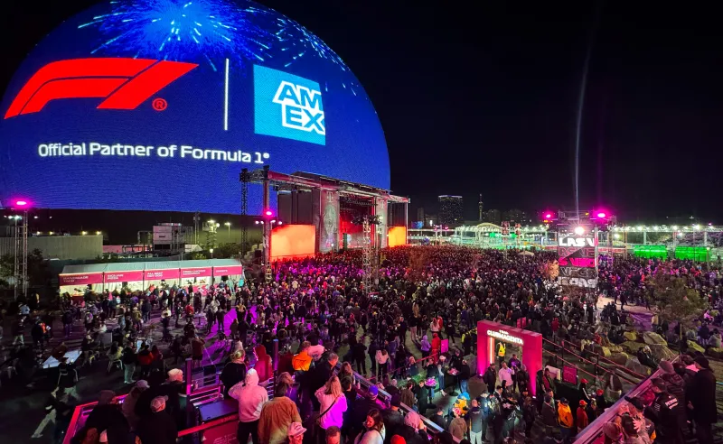 Wide shot of the F1 partnership zone with Sphere visible, F1 Las Vegas Grand Prix 2024.